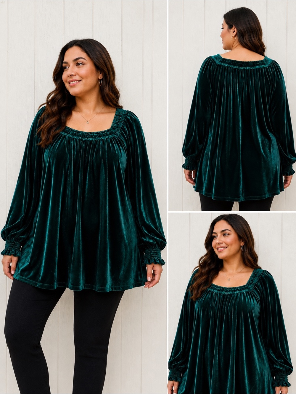ChicSoul Emerald Green Velvet Smocked-Neck Blouse - Women 2X NWT